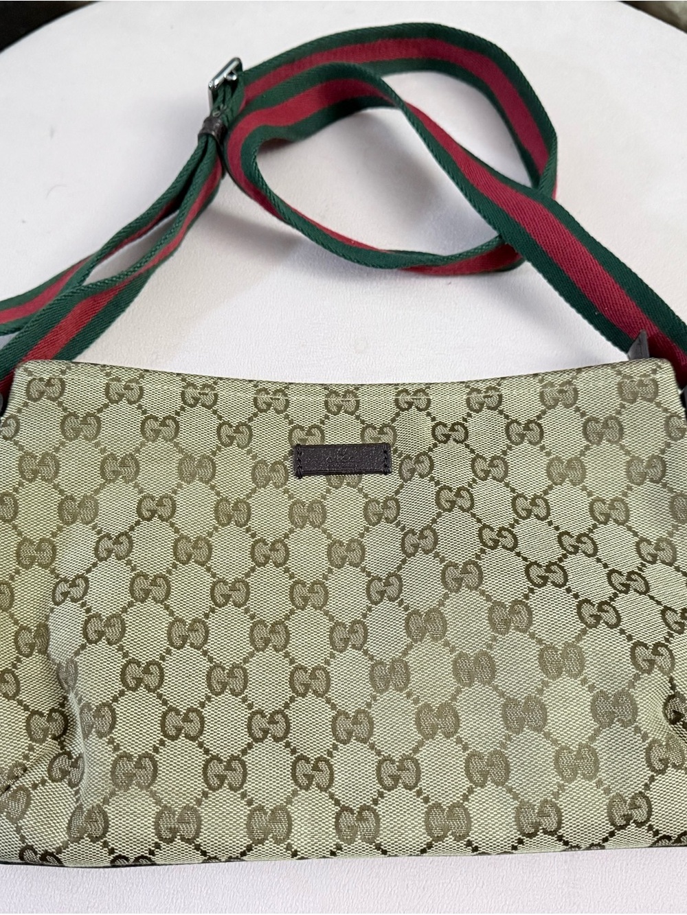 Gucci Beige Monogram Crossbody with Green-Red Web Strap